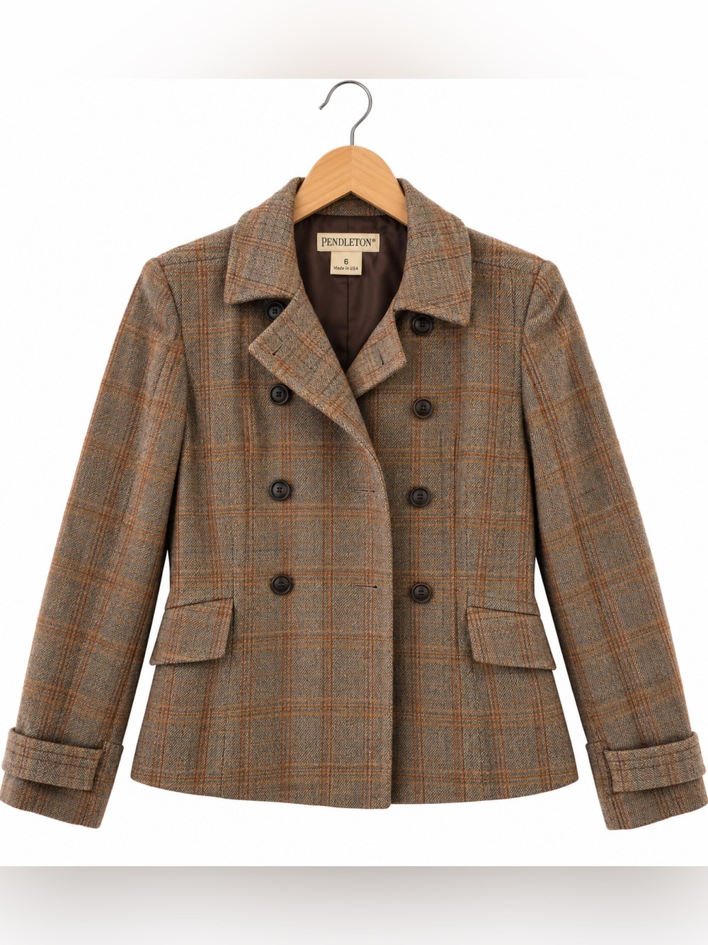 Pendleton Women's Windowpane Brown Plaid Virgin Wool Blazer Size 6